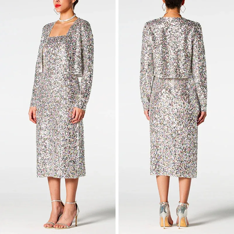 Glitter Sequin Sleeveless Dress Long Sleeve Short Jacket.