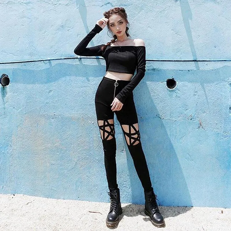 Gothic High-Waist Pencil Pants with Pentagram Hollow Out Design