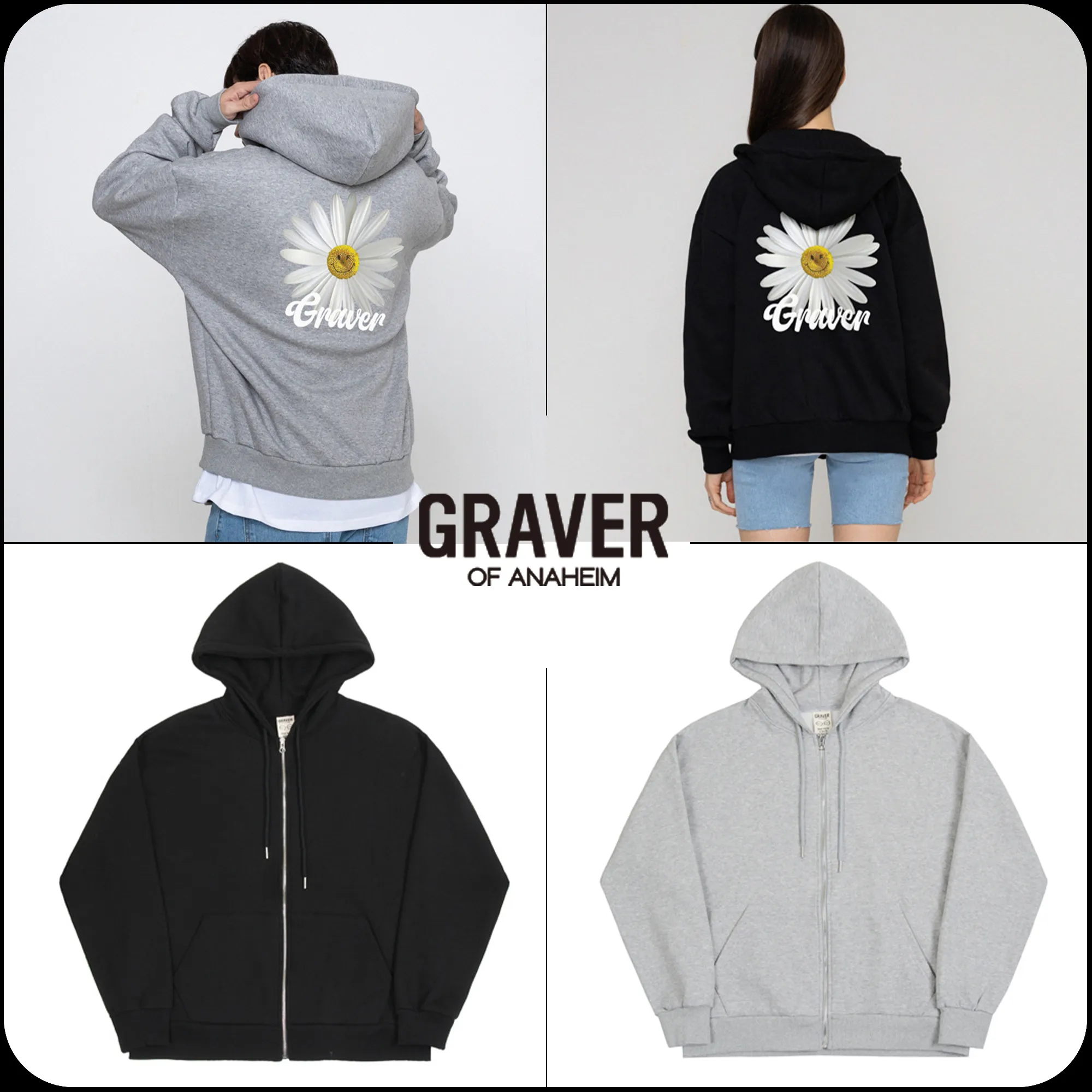 GRAVER Daisy Flower Smile Hoodie Zip Up