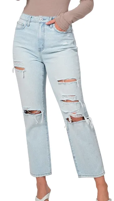 High Rise Ripped Cropped Straight Leg Jeans