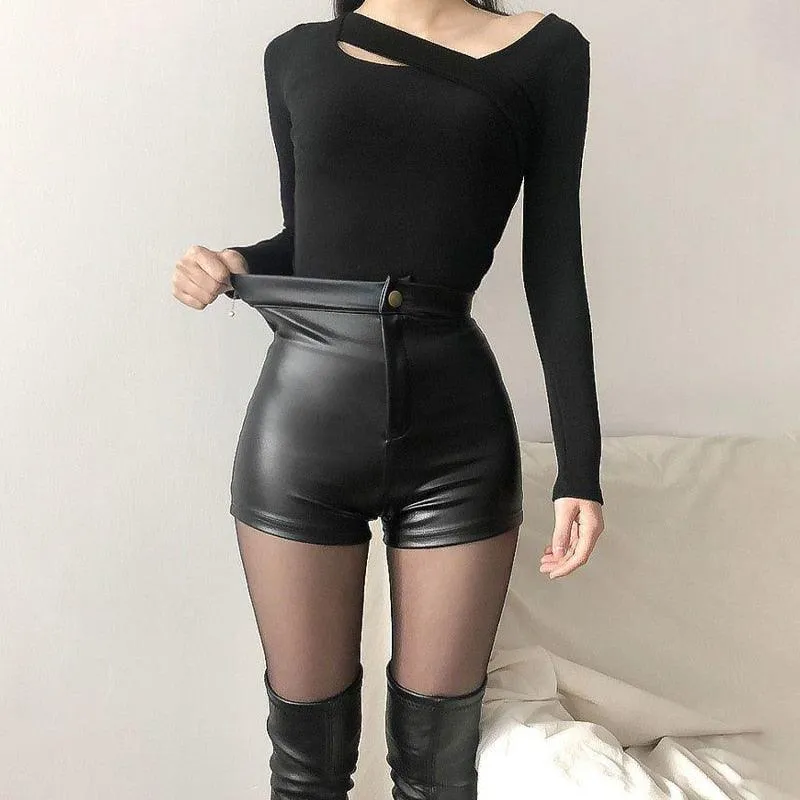 High-Waisted Black Leather Shorts - Gothic Women's Fashion