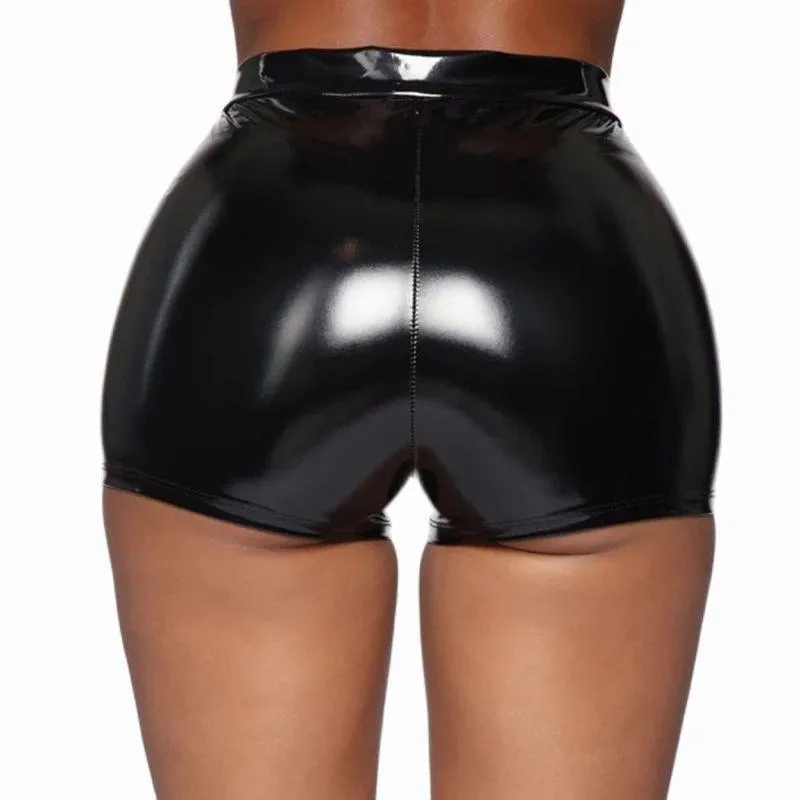 High-Waisted Leather Shorts - Shiny PVC Material for Shaping