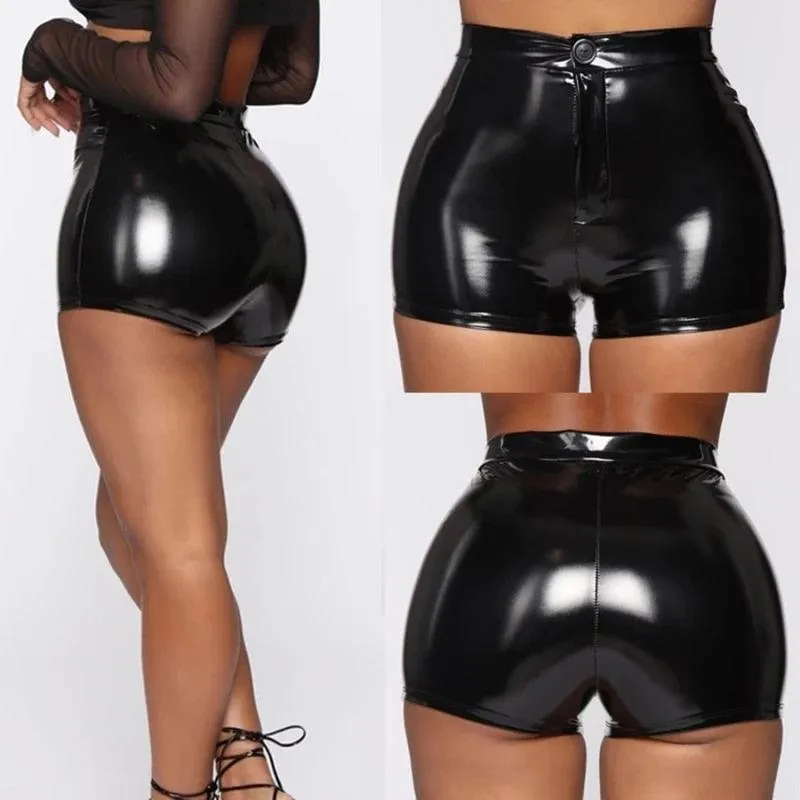 High-Waisted Leather Shorts - Shiny PVC Material for Shaping