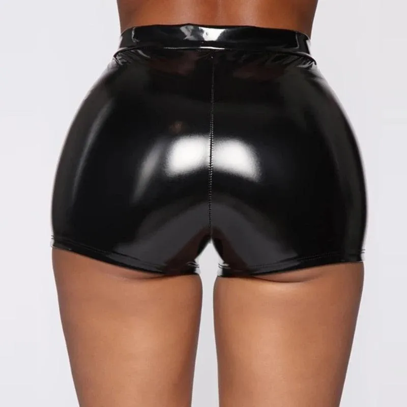 High-Waisted Leather Shorts - Shiny PVC Material for Shaping