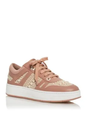 Jimmy Choo pink faux pearl star platform embellished logo Hawaii round toe wedge lace-up leather sneakers shoes.