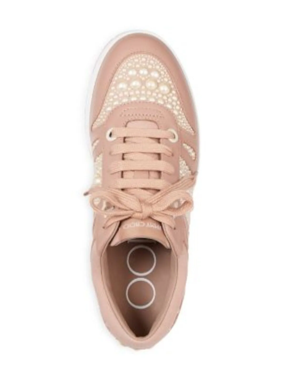 Jimmy Choo pink faux pearl star platform embellished logo Hawaii round toe wedge lace-up leather sneakers shoes.