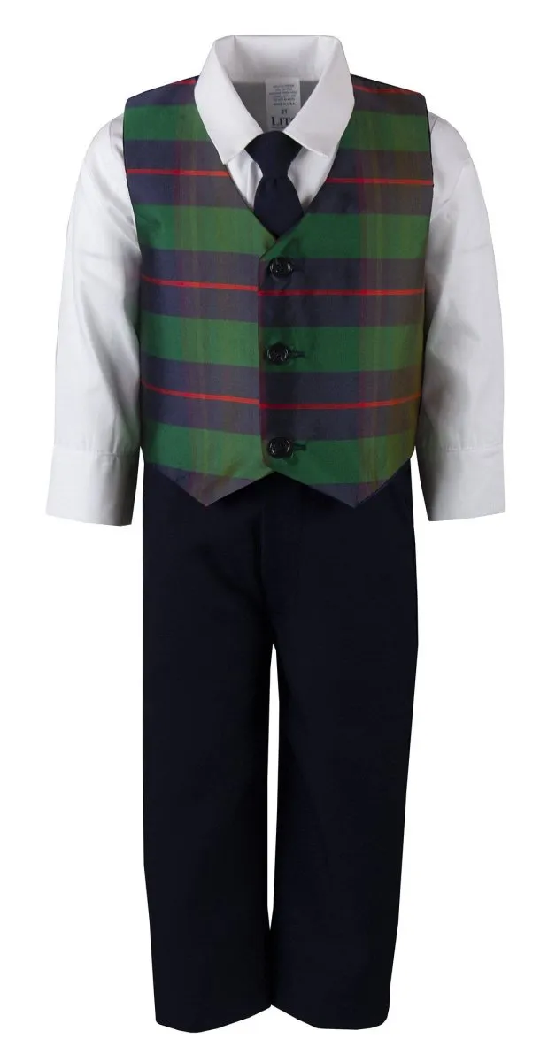 Kids Plaid Designer Holiday Pant Set with Vest and Tie, Red or Green