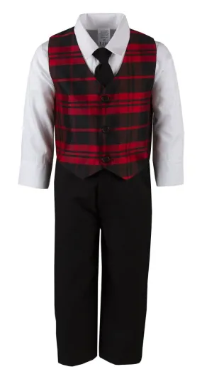 Kids Plaid Designer Holiday Pant Set with Vest and Tie, Red or Green