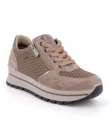 Ladies IGI & Co Platform Sneakers - Taupe Combo, Lace Up Trainers with Zip