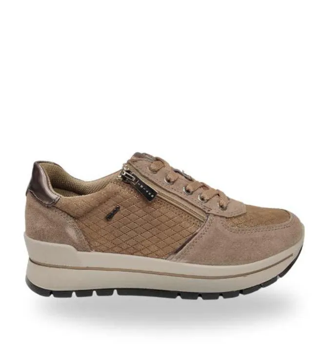 Ladies IGI & Co Platform Sneakers - Taupe Combo, Lace Up Trainers with Zip