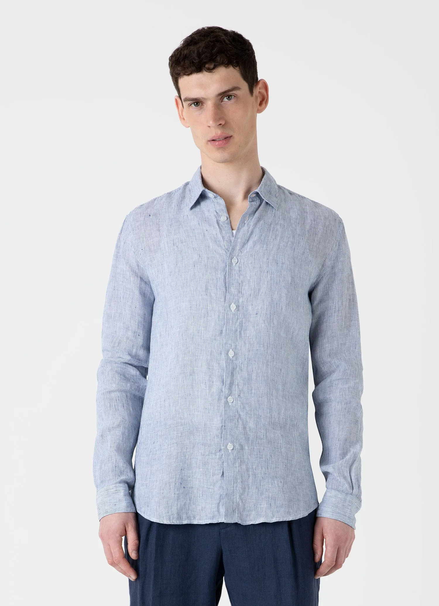 Linen Shirt, White/Navy Micro Stripe - Men's Linen Shirt