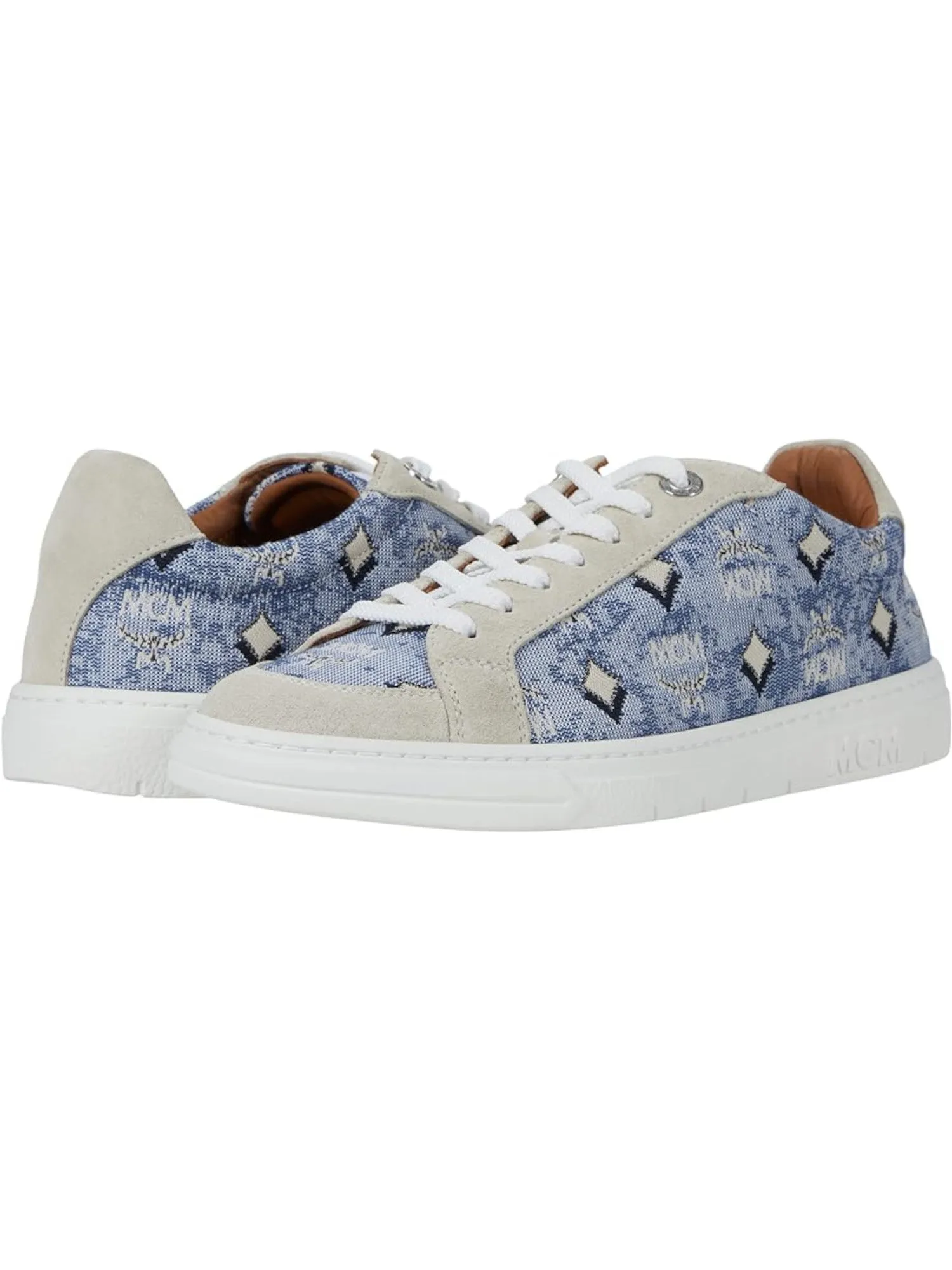 MCM Blue Mixed Media Padded Collar and Tongue Women's Sneakers with Monogram Embroidered Upper, Round Toe and Platform