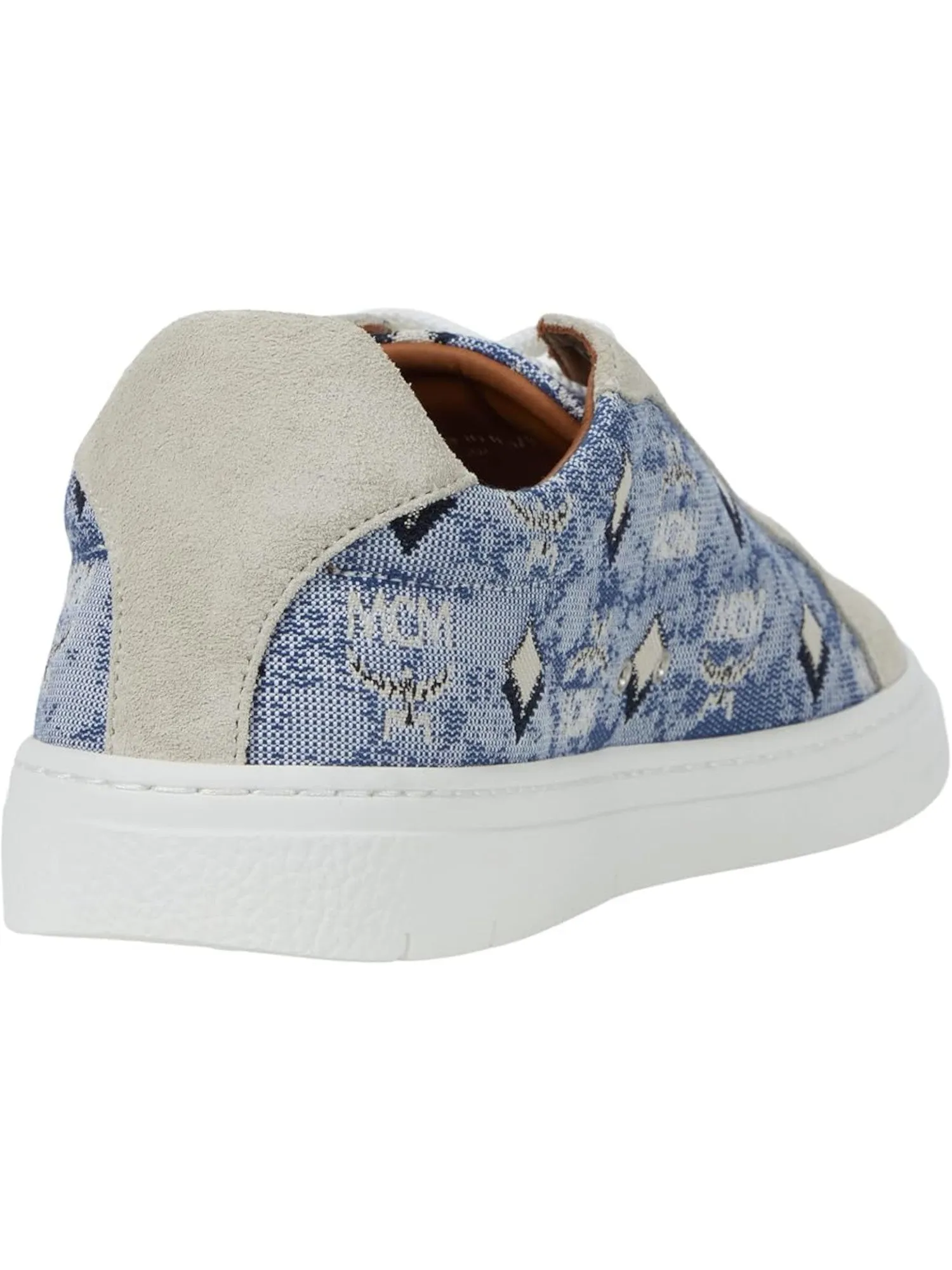 MCM Blue Mixed Media Padded Collar and Tongue Women's Sneakers with Monogram Embroidered Upper, Round Toe and Platform