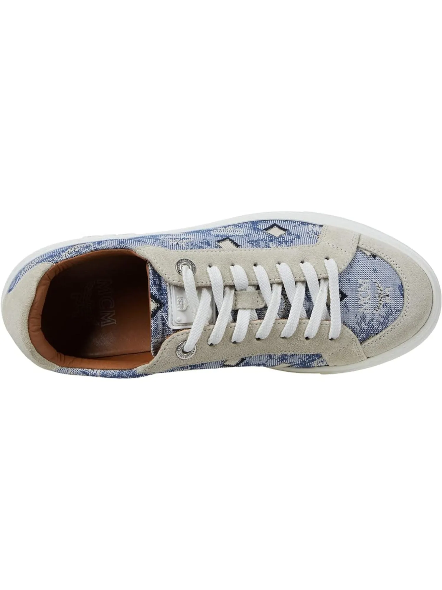 MCM Blue Mixed Media Padded Collar and Tongue Women's Sneakers with Monogram Embroidered Upper, Round Toe and Platform