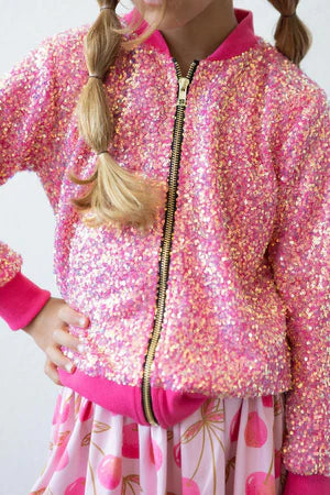 Mila Rose Sequin Girls Bomber Jacket - Hot Pink