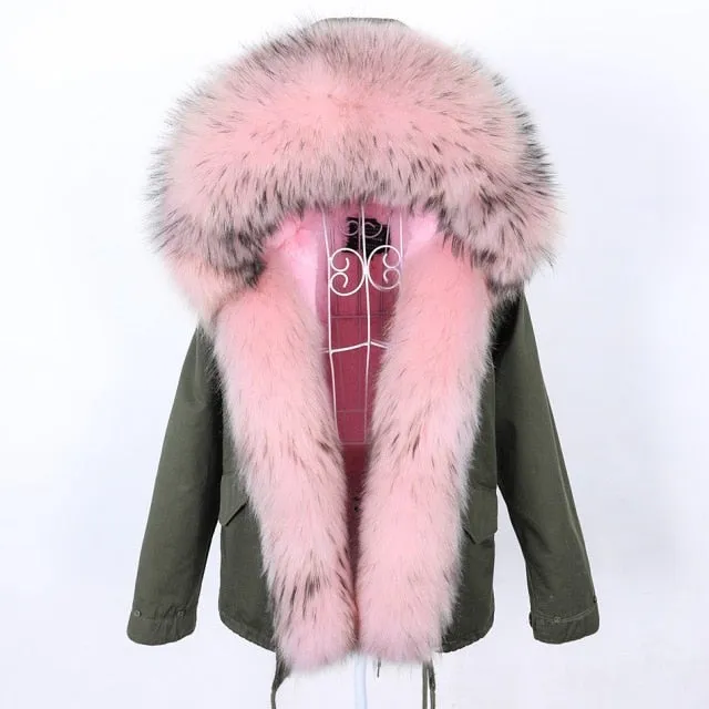 Natural Raccoon Fur Winter Jacket Women's Thick Warm Zippered Coat