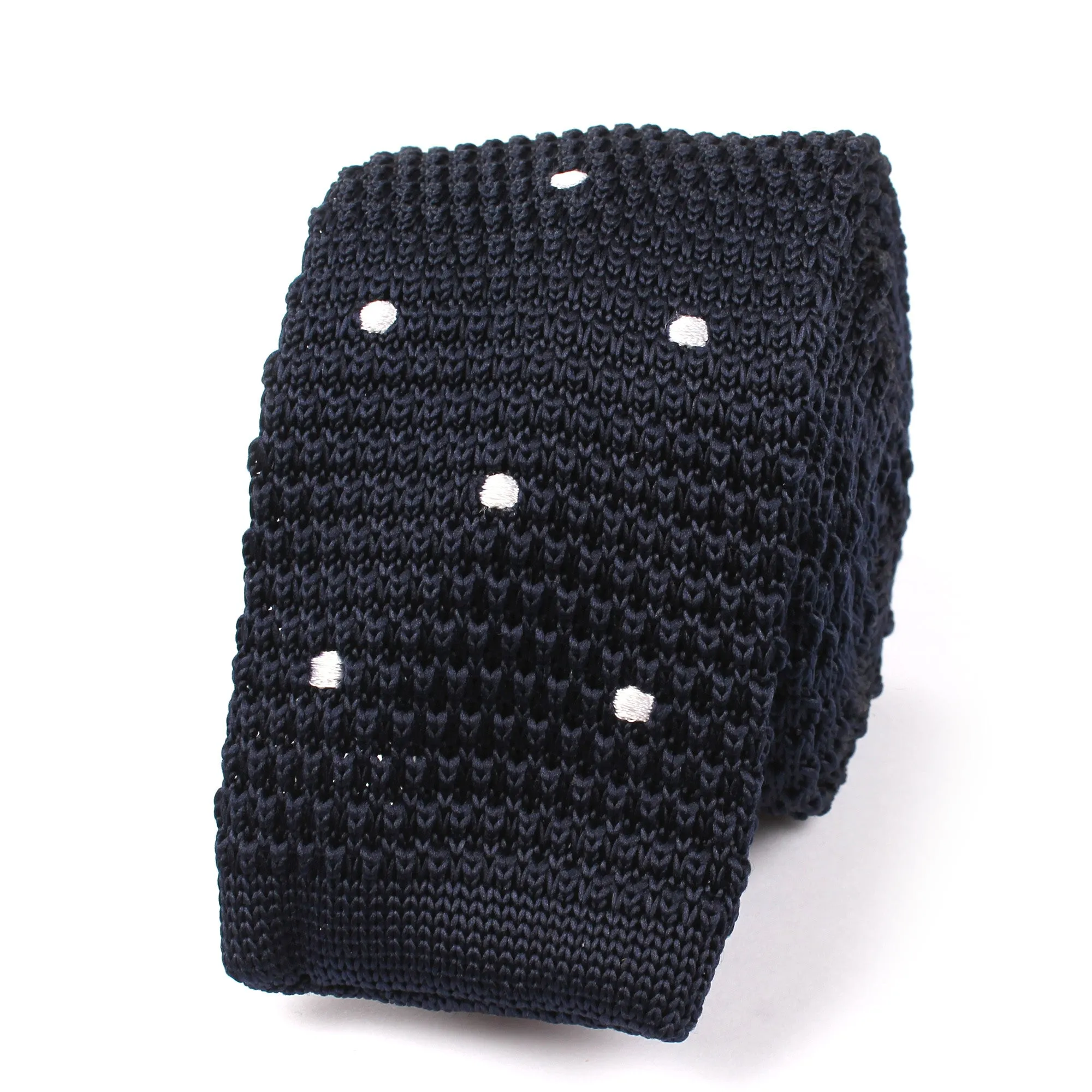 Navy Blue Knit Tie with White Dot Pattern