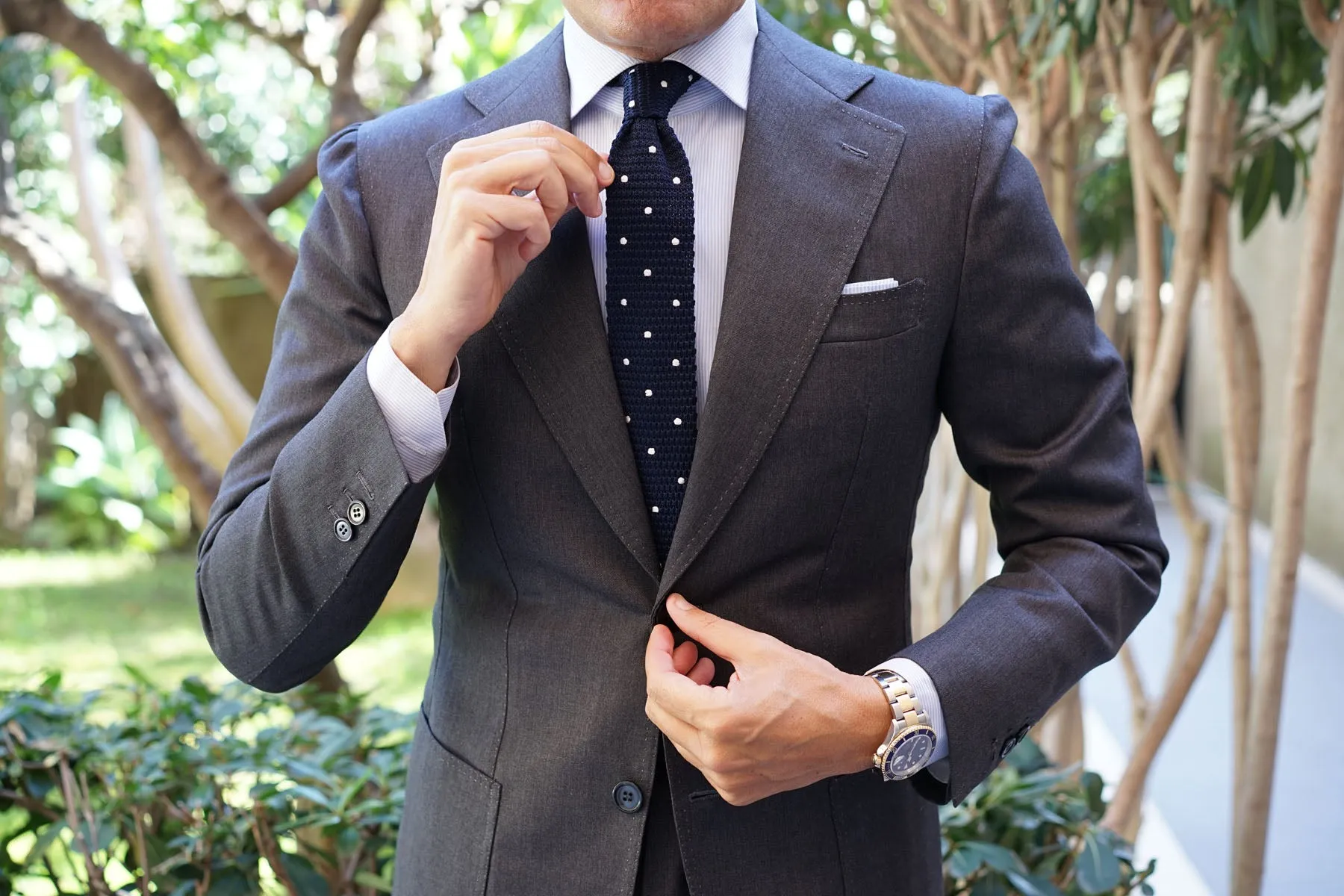 Navy Blue Knit Tie with White Dot Pattern