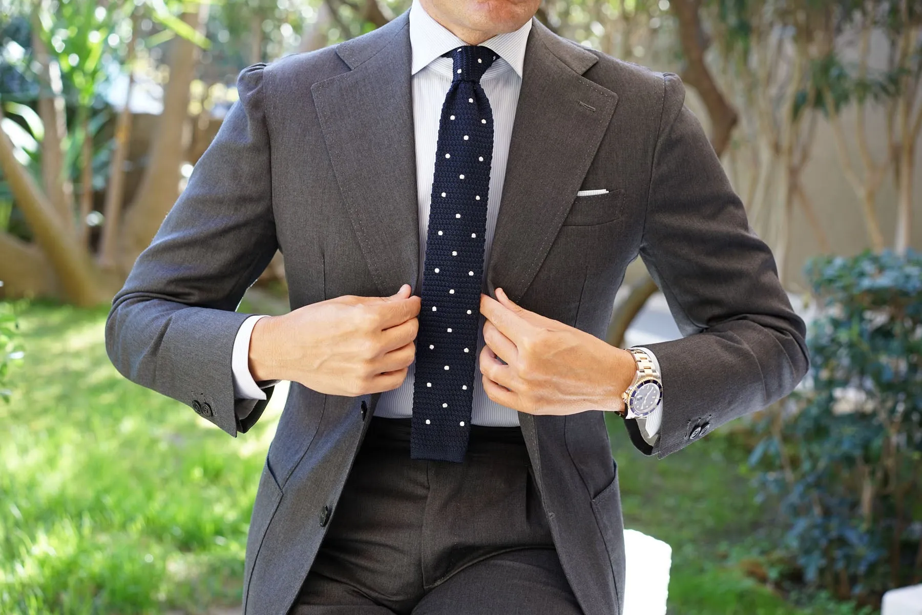 Navy Blue Knit Tie with White Dot Pattern