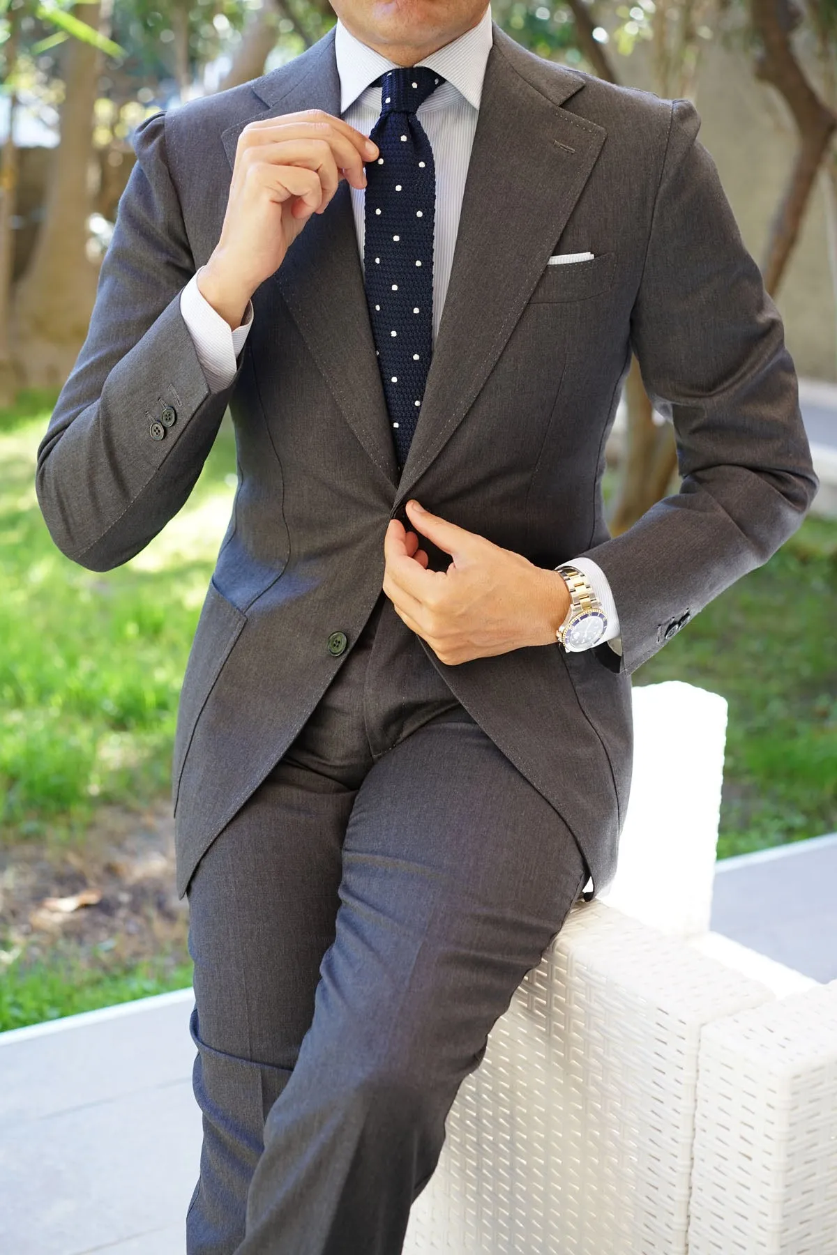 Navy Blue Knit Tie with White Dot Pattern