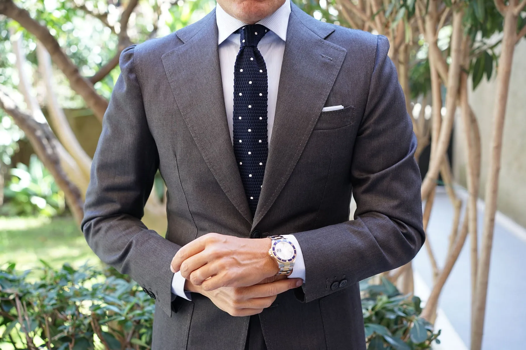 Navy Blue Knit Tie with White Dot Pattern