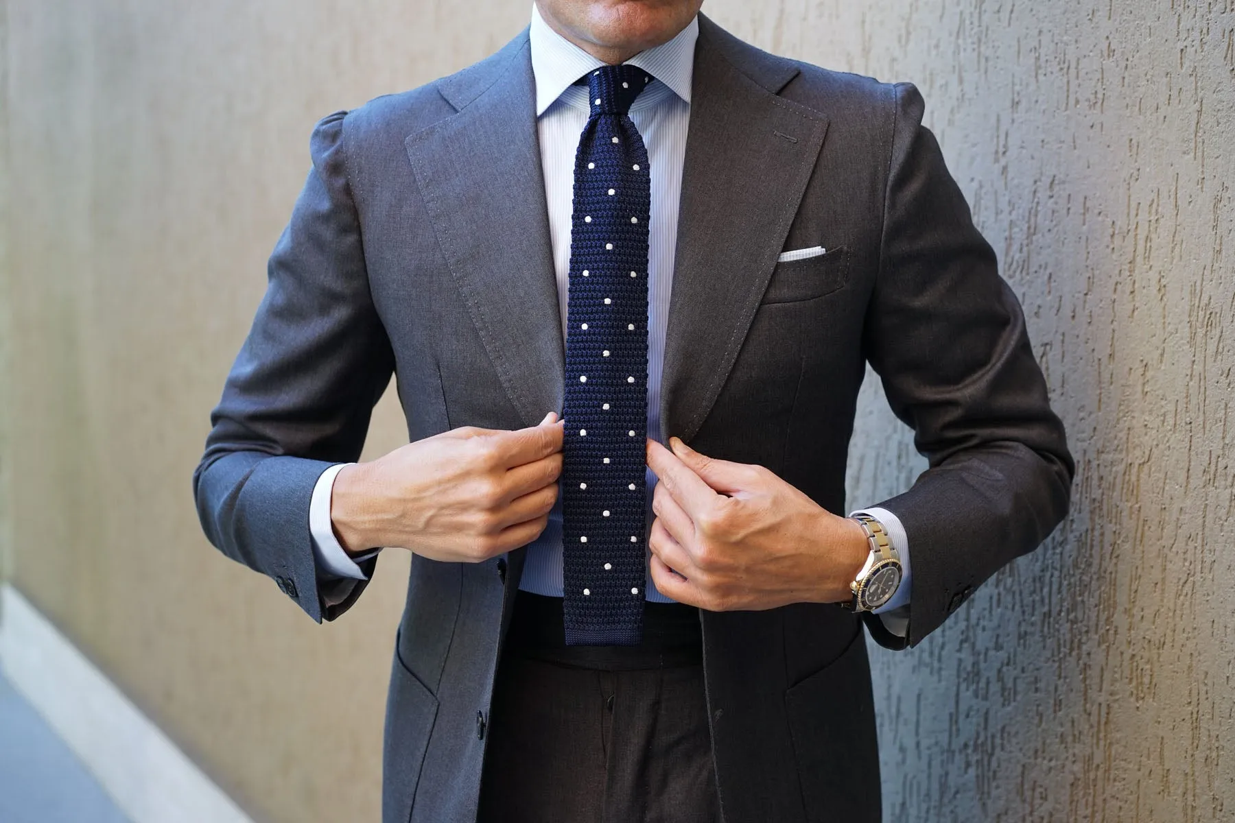 Navy Blue Knit Tie with White Dot Pattern