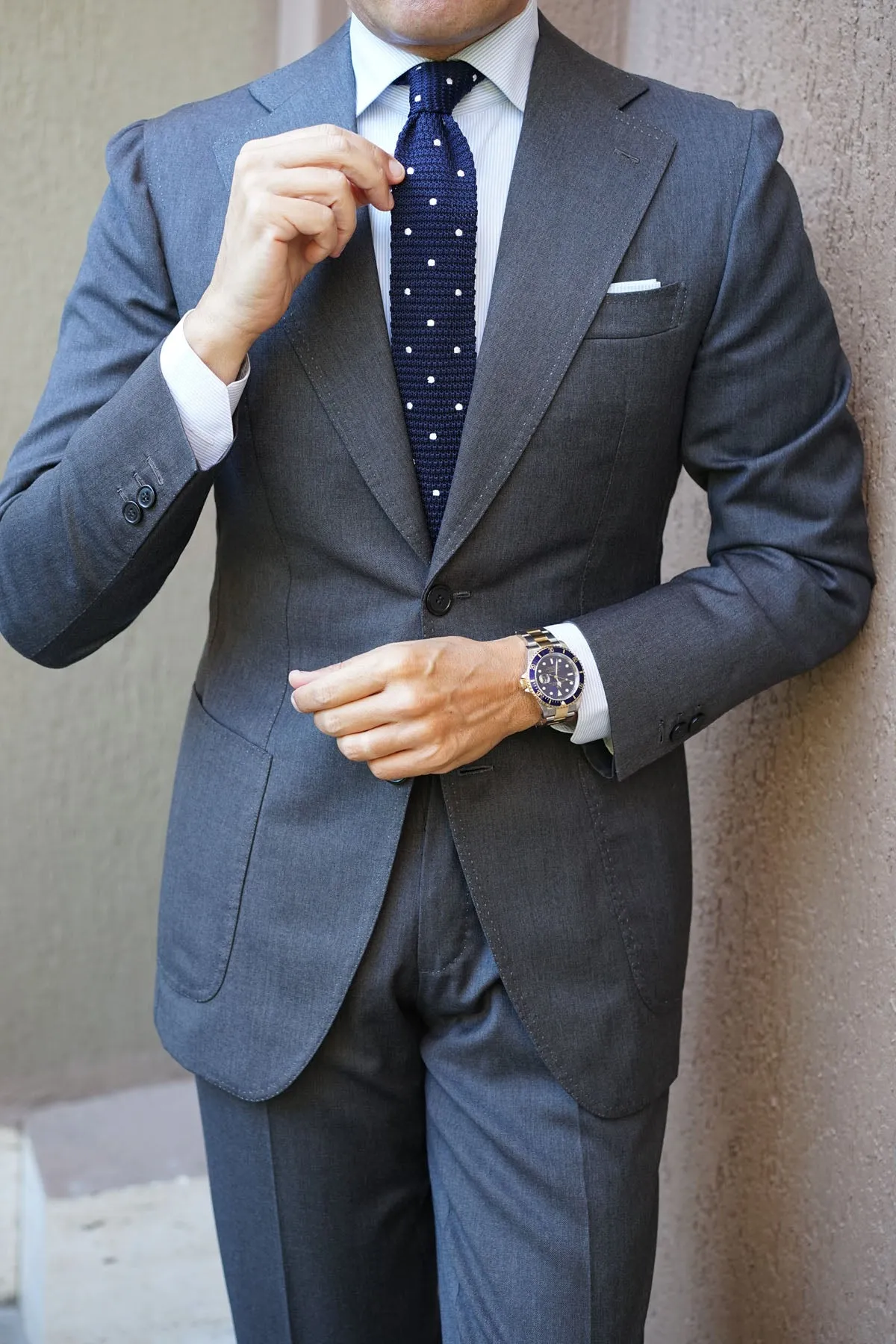 Navy Blue Knit Tie with White Dot Pattern