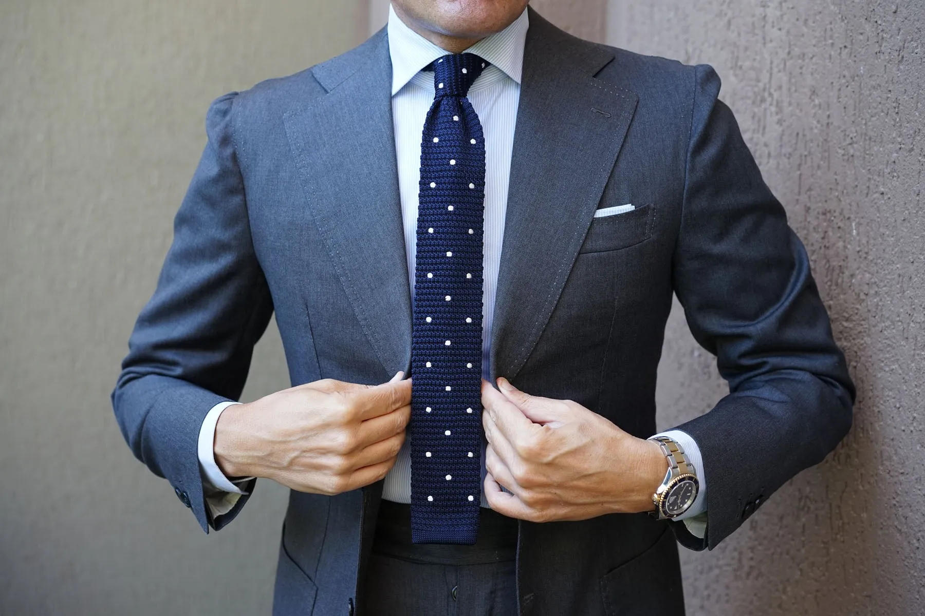 Navy Blue Knit Tie with White Dot Pattern