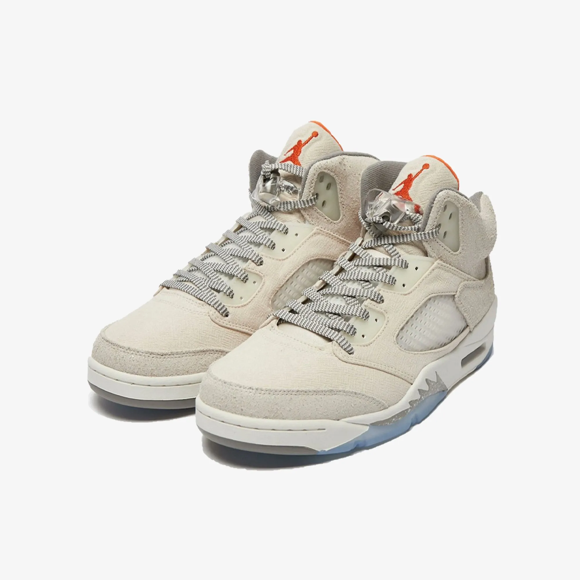 Nike Air Jordan 5 Retro SE Craft in Light Orewood Brown, Safety Orange, and Flat Pewter.