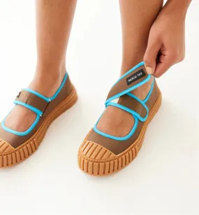 Nutmeg and Turquoise Sea Mary Jane shoes.