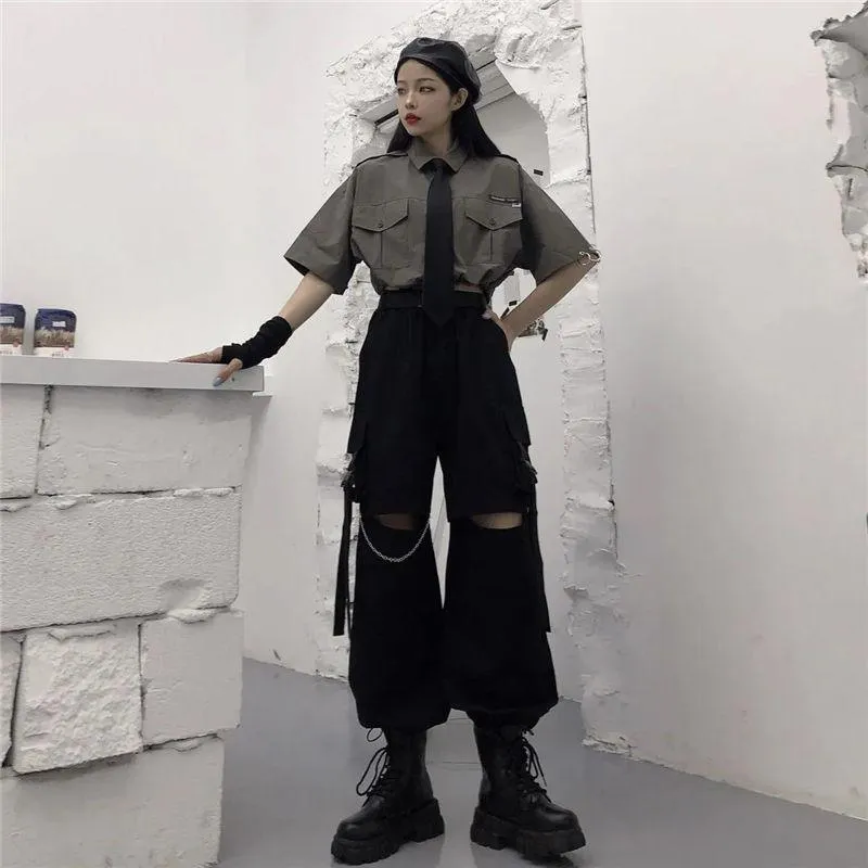 Oversized Gothic Women's Cargo Pants with Chain - Punk Techwear Style