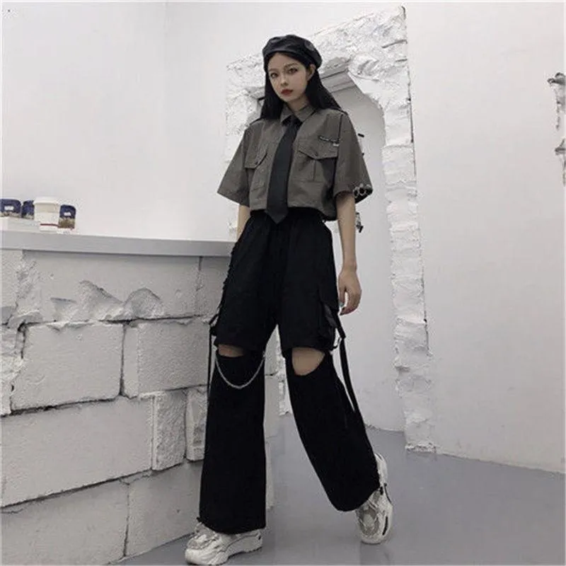 Oversized Gothic Women's Cargo Pants with Chain - Punk Techwear Style