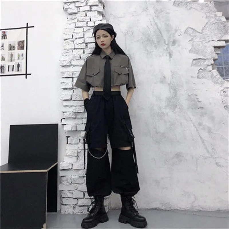 Oversized Gothic Women's Cargo Pants with Chain - Punk Techwear Style