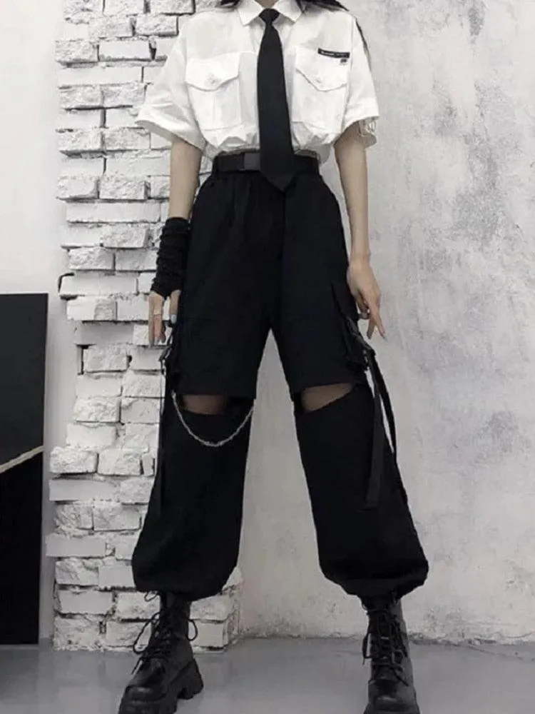 Oversized Gothic Women's Cargo Pants with Chain - Punk Techwear Style