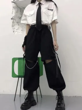 Oversized Gothic Women's Cargo Pants with Chain - Punk Techwear Style