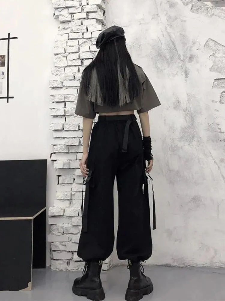 Oversized Gothic Women's Cargo Pants with Chain - Punk Techwear Style