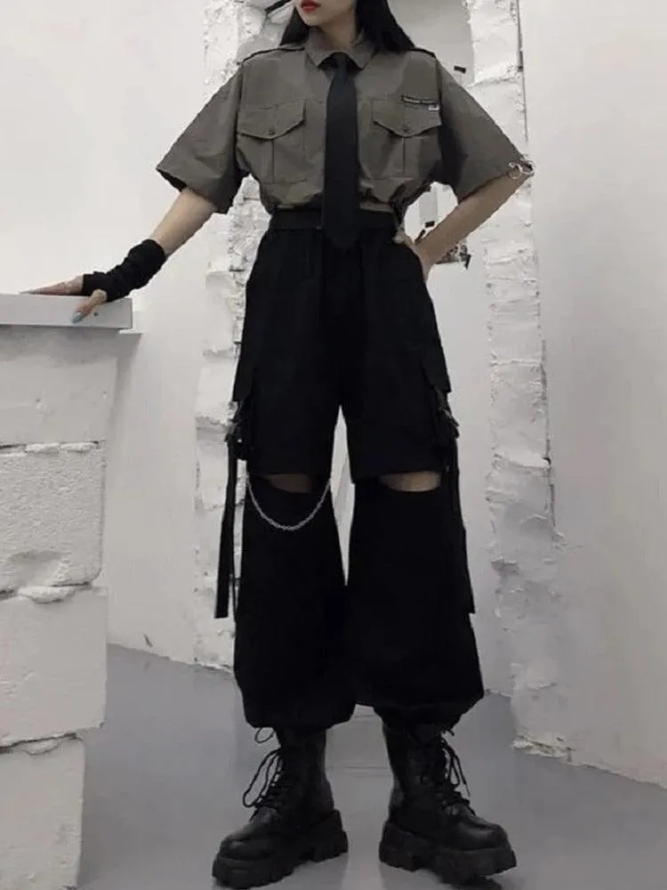 Oversized Gothic Women's Cargo Pants with Chain - Punk Techwear Style