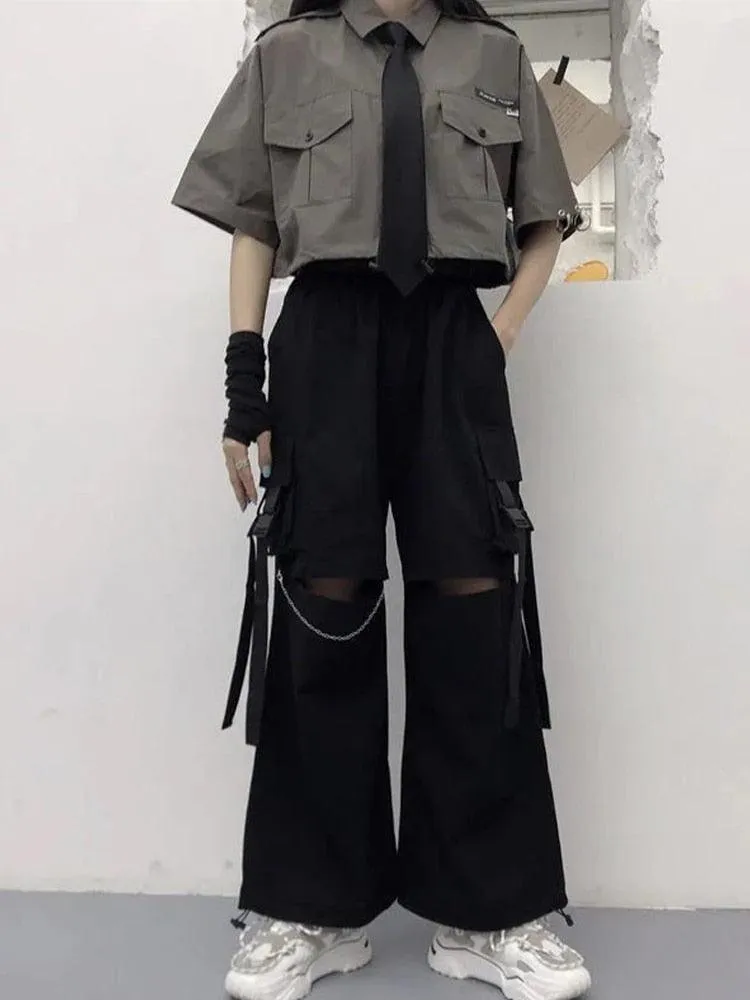 Oversized Gothic Women's Cargo Pants with Chain - Punk Techwear Style