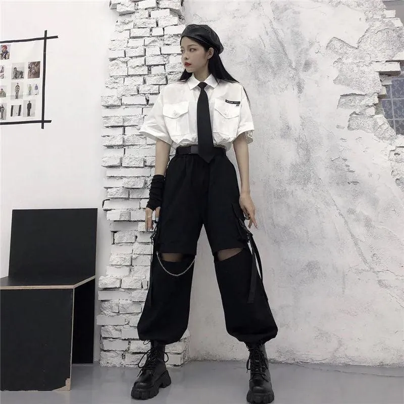 Oversized Gothic Women's Cargo Pants with Chain - Punk Techwear Style