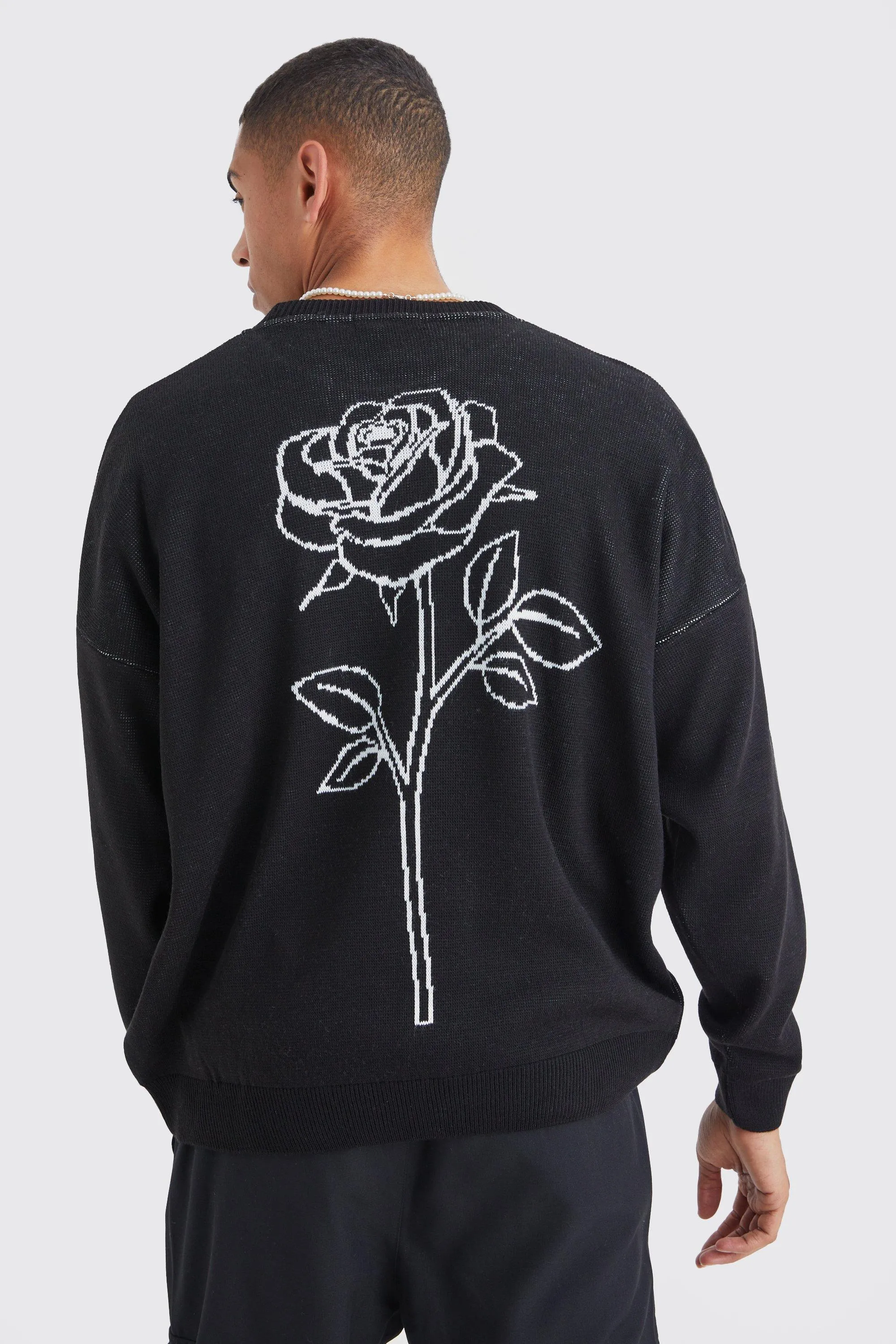 Oversized Line Graphic Rose Knitted Sweater