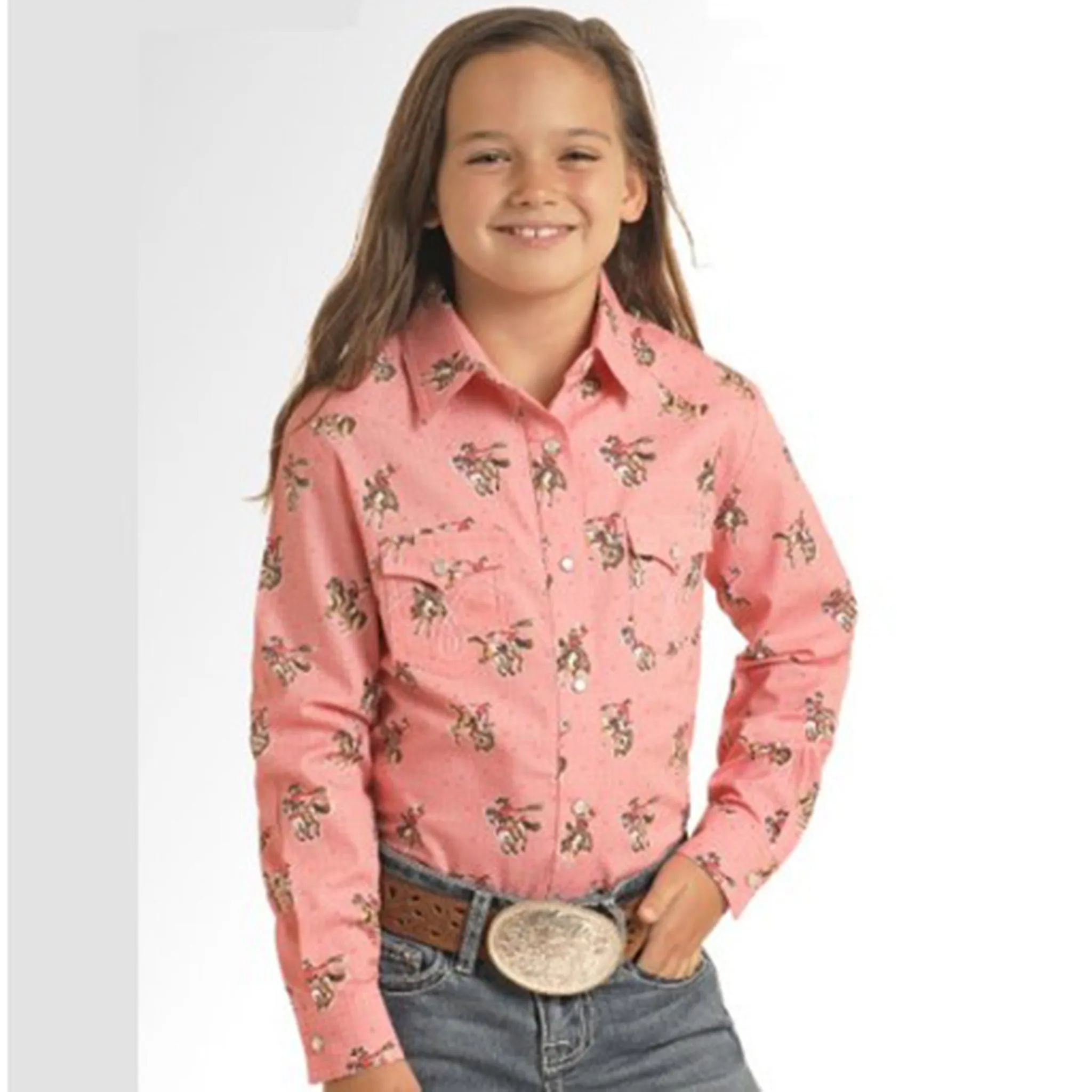 Panhandle Slim Girl's Pink Bronc Dot Long Sleeve Shirt