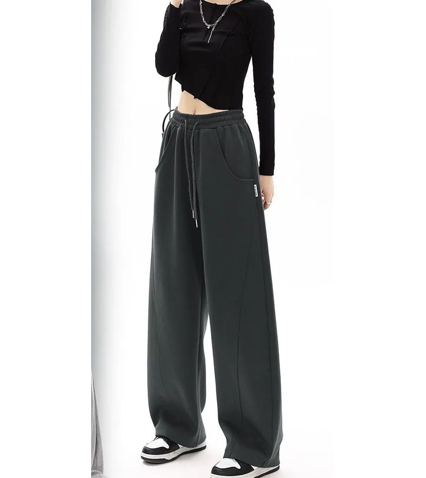 Plain Wide-Leg Sweatpants with Drawstring and Pockets in Mid-Waist - dd22