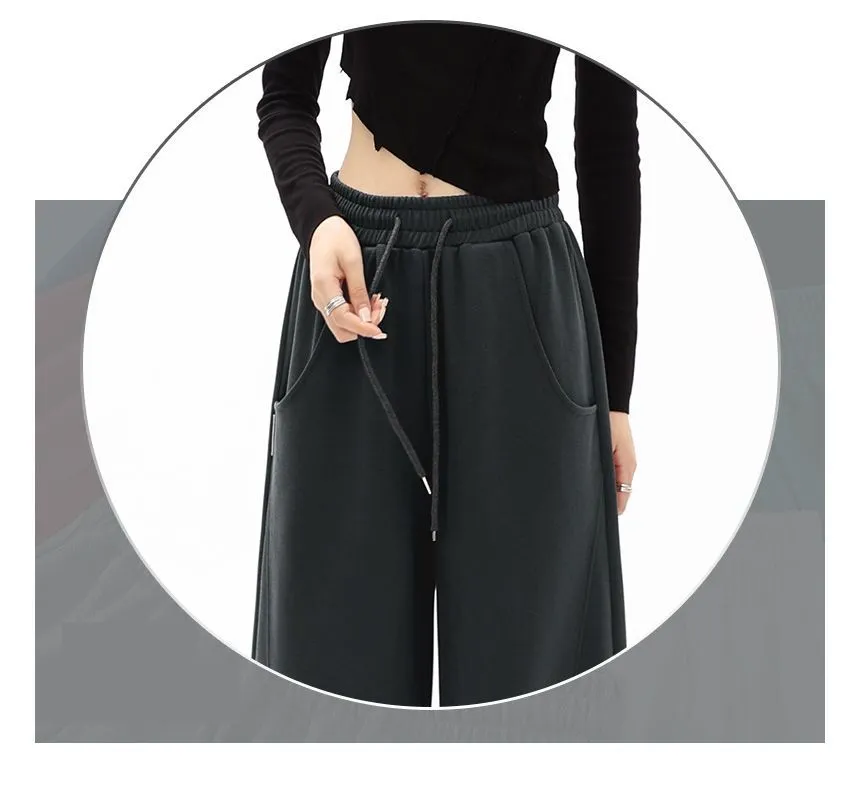 Plain Wide-Leg Sweatpants with Drawstring and Pockets in Mid-Waist - dd22