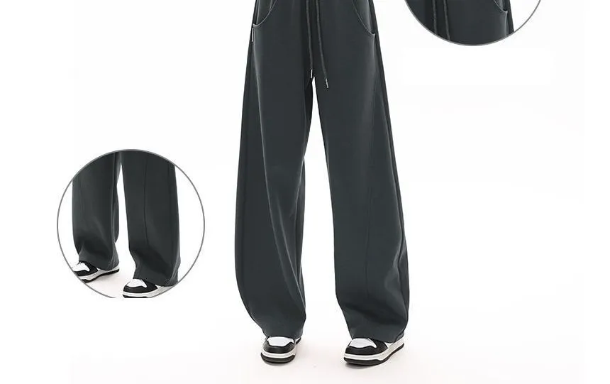 Plain Wide-Leg Sweatpants with Drawstring and Pockets in Mid-Waist - dd22