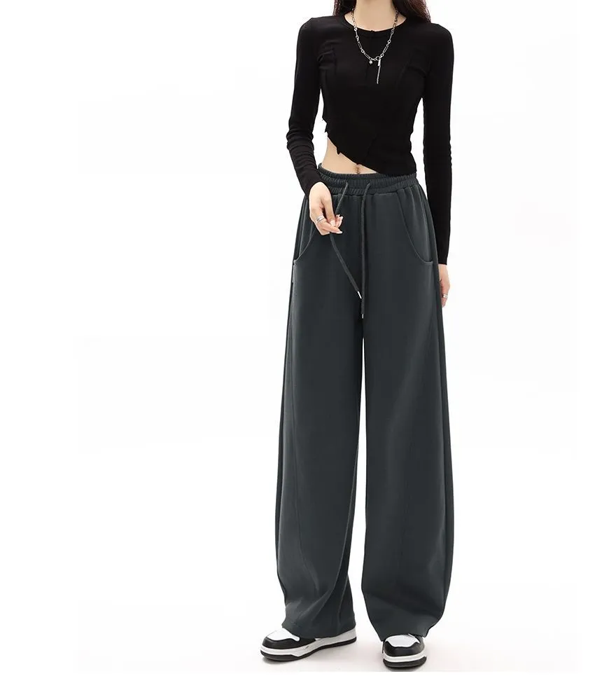 Plain Wide-Leg Sweatpants with Drawstring and Pockets in Mid-Waist - dd22