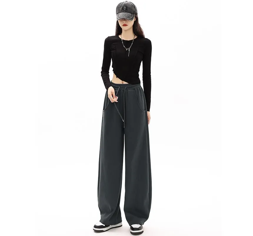 Plain Wide-Leg Sweatpants with Drawstring and Pockets in Mid-Waist - dd22