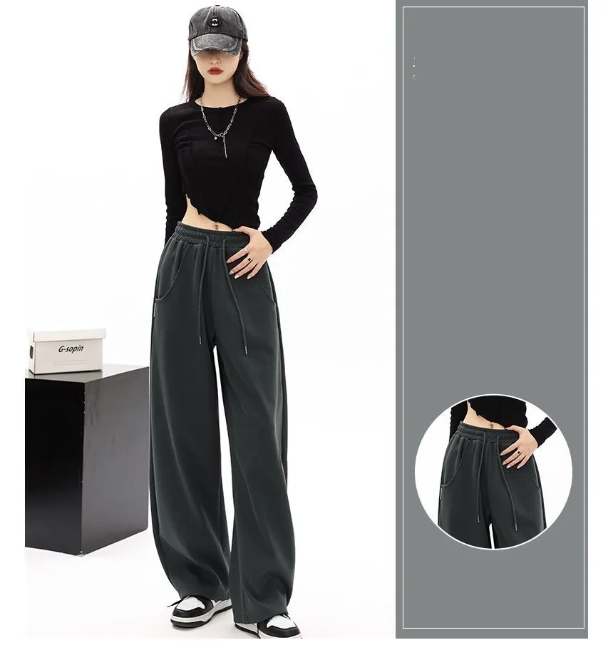 Plain Wide-Leg Sweatpants with Drawstring and Pockets in Mid-Waist - dd22