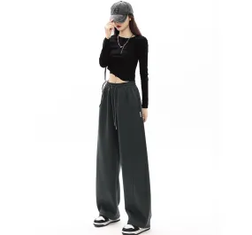 Plain Wide-Leg Sweatpants with Drawstring and Pockets in Mid-Waist - dd22