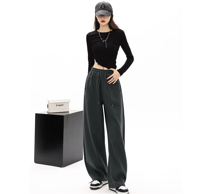 Plain Wide-Leg Sweatpants with Drawstring and Pockets in Mid-Waist - dd22