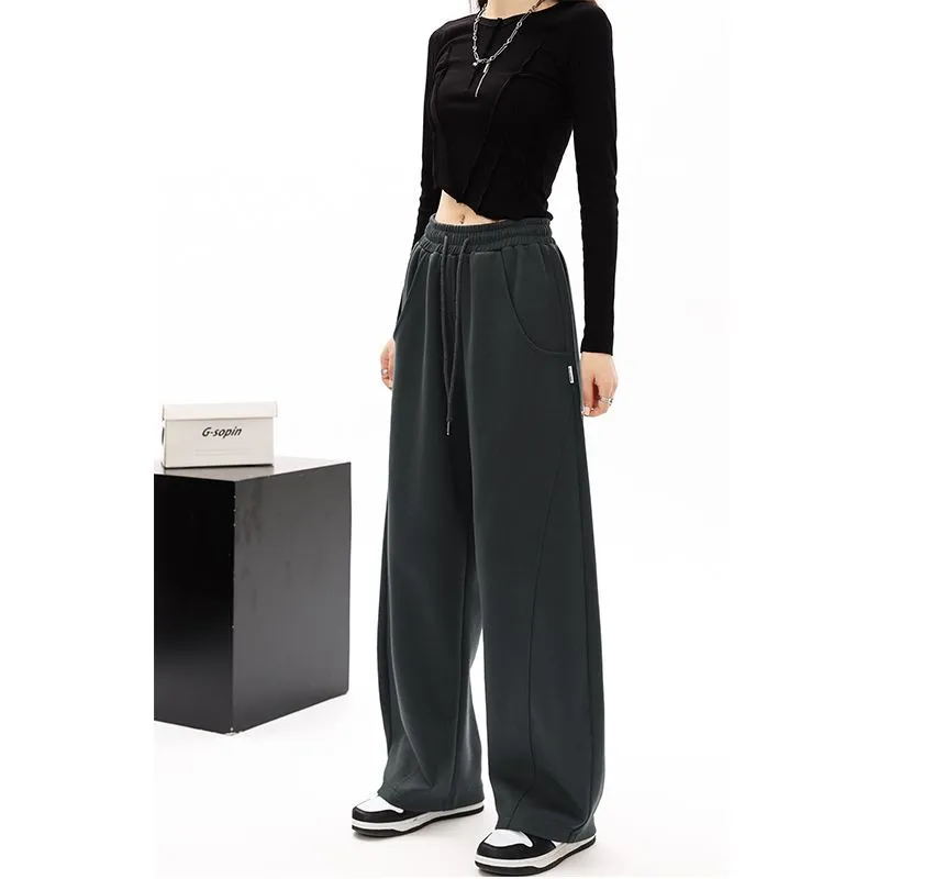 Plain Wide-Leg Sweatpants with Drawstring and Pockets in Mid-Waist - dd22